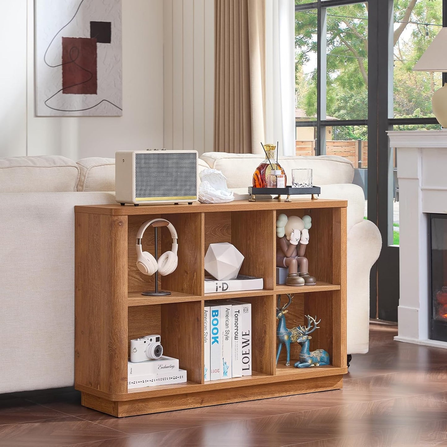 6 Cube Storage Organizer, 40" Wide Low Horizontal Book Shelf with Curved Edge, Floor Standing 2-Tier Wooden Bookshelf with Base, Modern Short Lattice Bookcase for Bedroom, Home Office, Brown