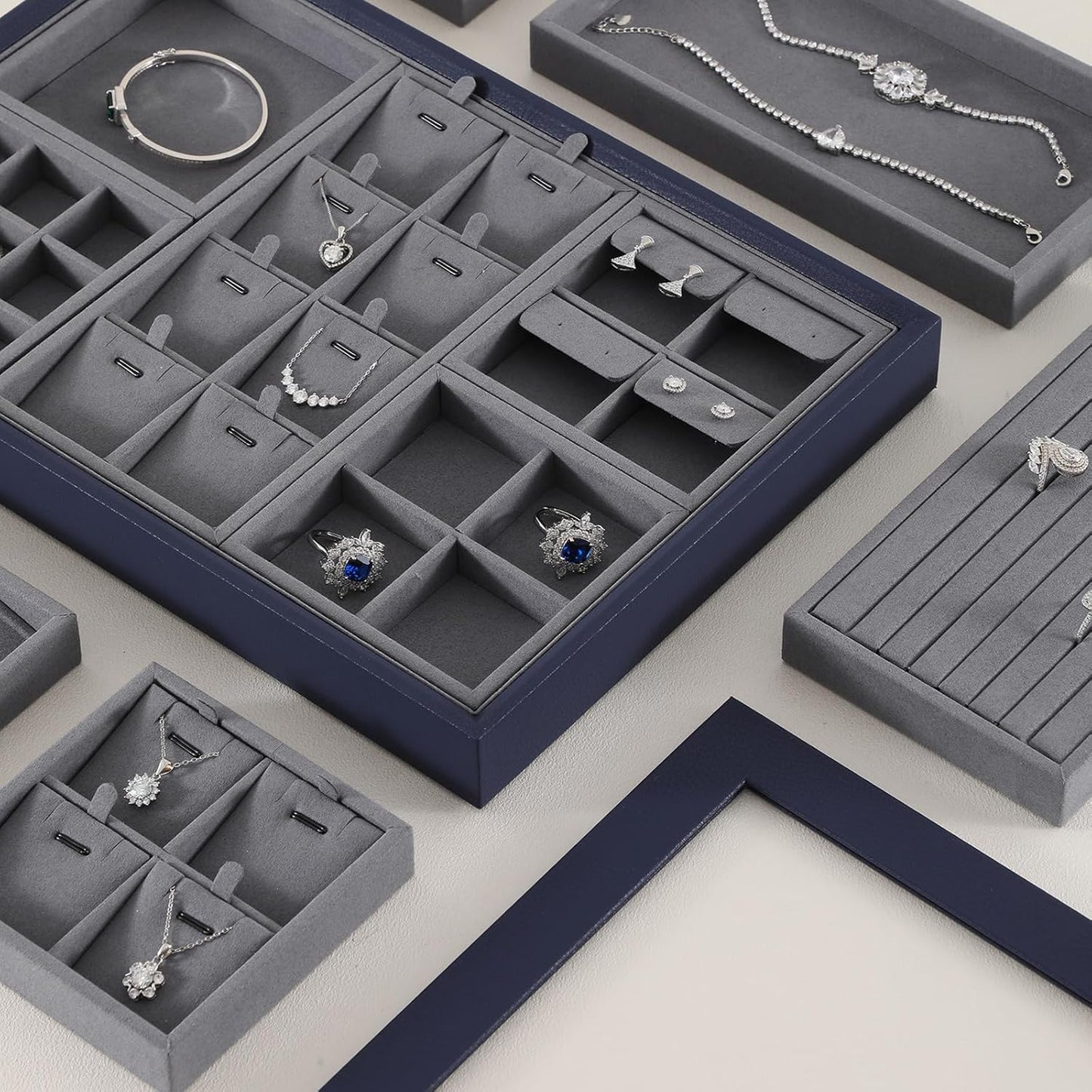 Dark Blue Jewelry Display Tray Ring Necklace Earring Bangle Organizer Multifunctional Storage Case for Jewelry Showcase (Small 4 Grids Tray)