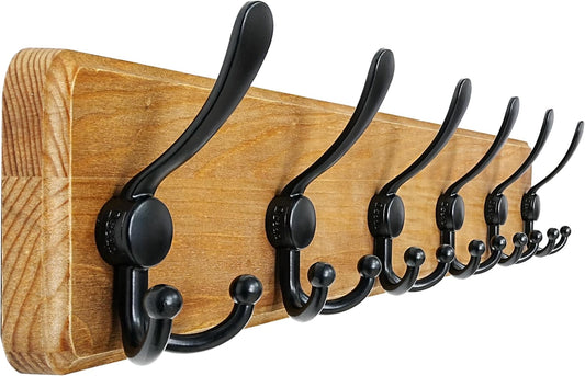 Dseap Coat Rack Wall Mounted - 24" Long 6 Tri Hooks, Heavy Duty Wooden Wall Coat Hanger Coat Hook for Clothes Hat Jacket Clothing, Weathered Yellow and Black