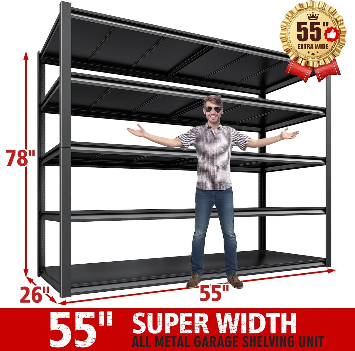 REIBII Garage Shelving 78" H, Storage Shelves Heavy Duty Shelving Unit Load 3000LBS, 5 Tier Adjustable Metal Shelves for Warehouse, Basement, Pantry, Factory, 55" W x 26" D x 78" H