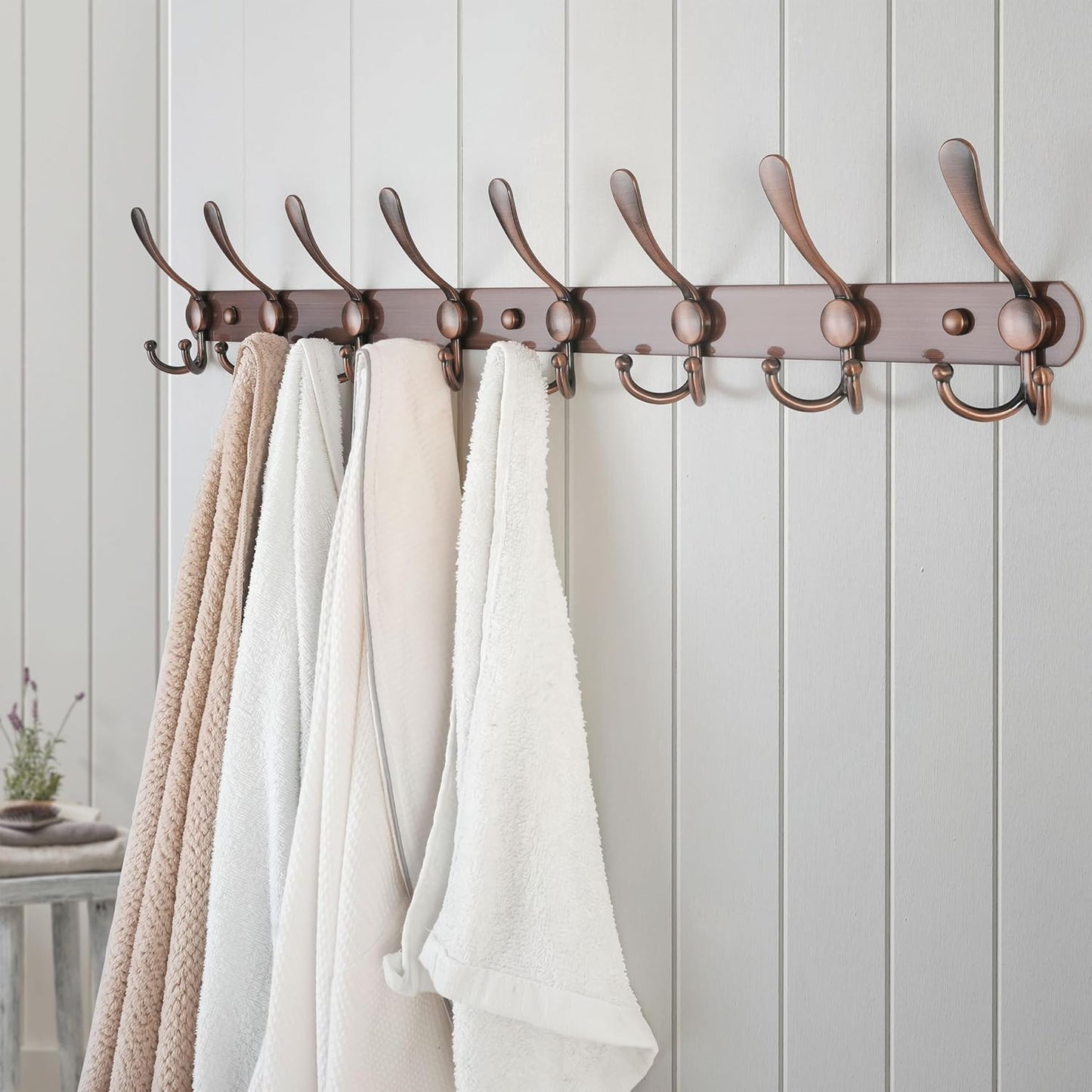 Dseap Coat Rack Wall Mount - 29.5” Long 8-Tri-Hooks Heavy Duty Coat Hanger Rail Wall Hooks for Hanging Coats Hats Clothing Clothes Purse Mudroom Entryway, Red Antique Copper