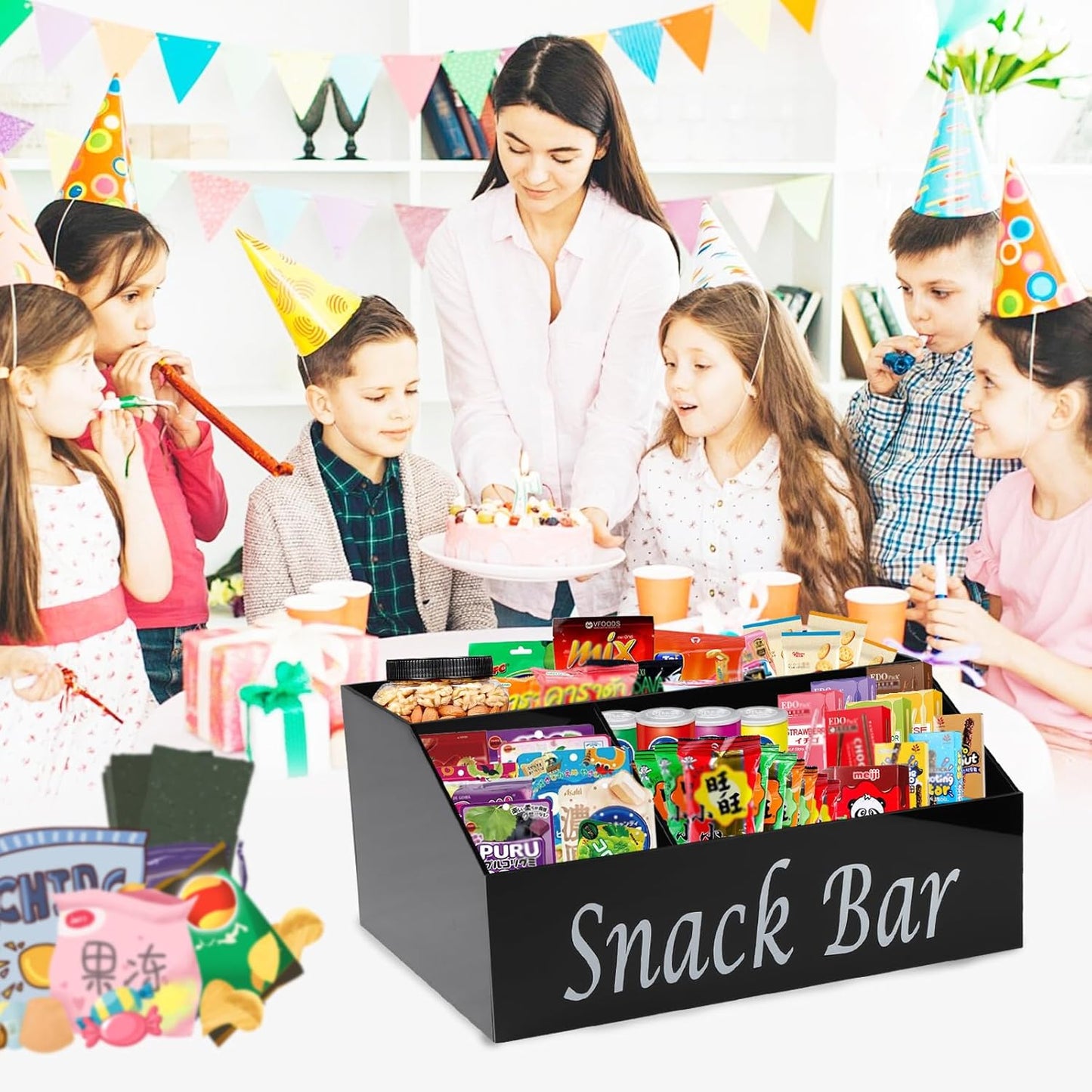 Snack Organizer for Countertop - Acrylic Storage Container With 4 Compartments for Kitchen Cabinet Pantry - Black Snack Bar Station