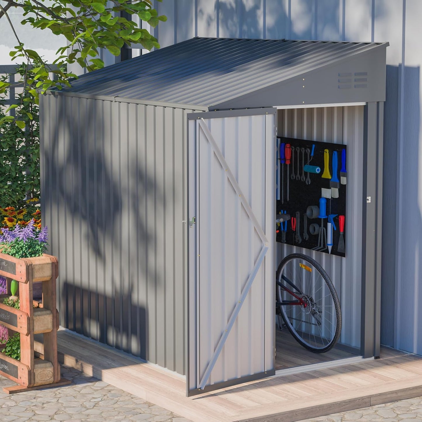 4x7 FT Outdoor Storage Shed,Lean to Lockable Metal Garden Shed Steel with Reinforced Beams,All Weather Waterproof Storage House W/Lockable Door,for Backyard,Patio,Lawn,Garden,Dark Gray
