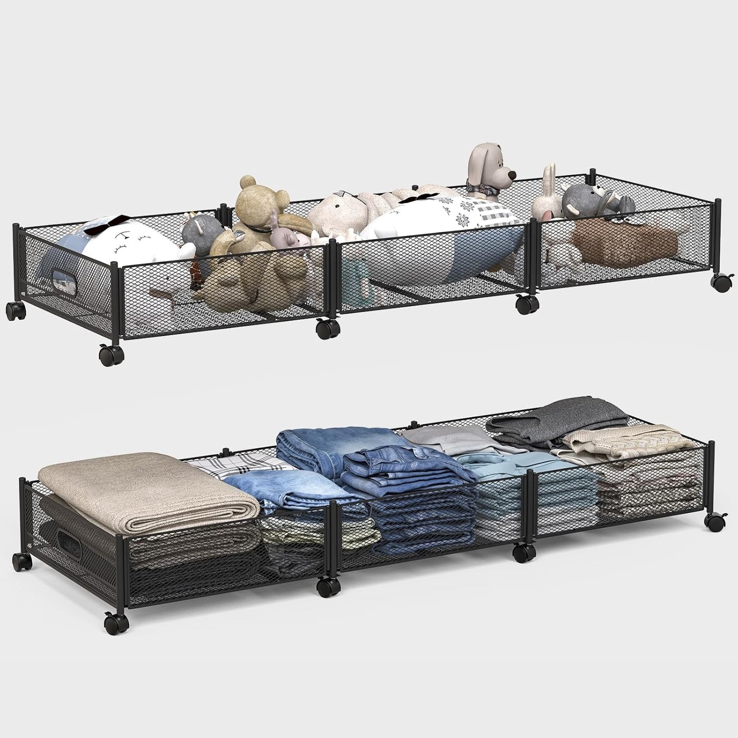 Under Bed Storage With Wheels, 47.2''/90lbs/57.6L, Metal Frame Under Bed Rolling Storage, Tool-Free Assembly Underbed Drawers, Underbed Organizer Containers for Shoes, Clothes and Toys (2 Pack)