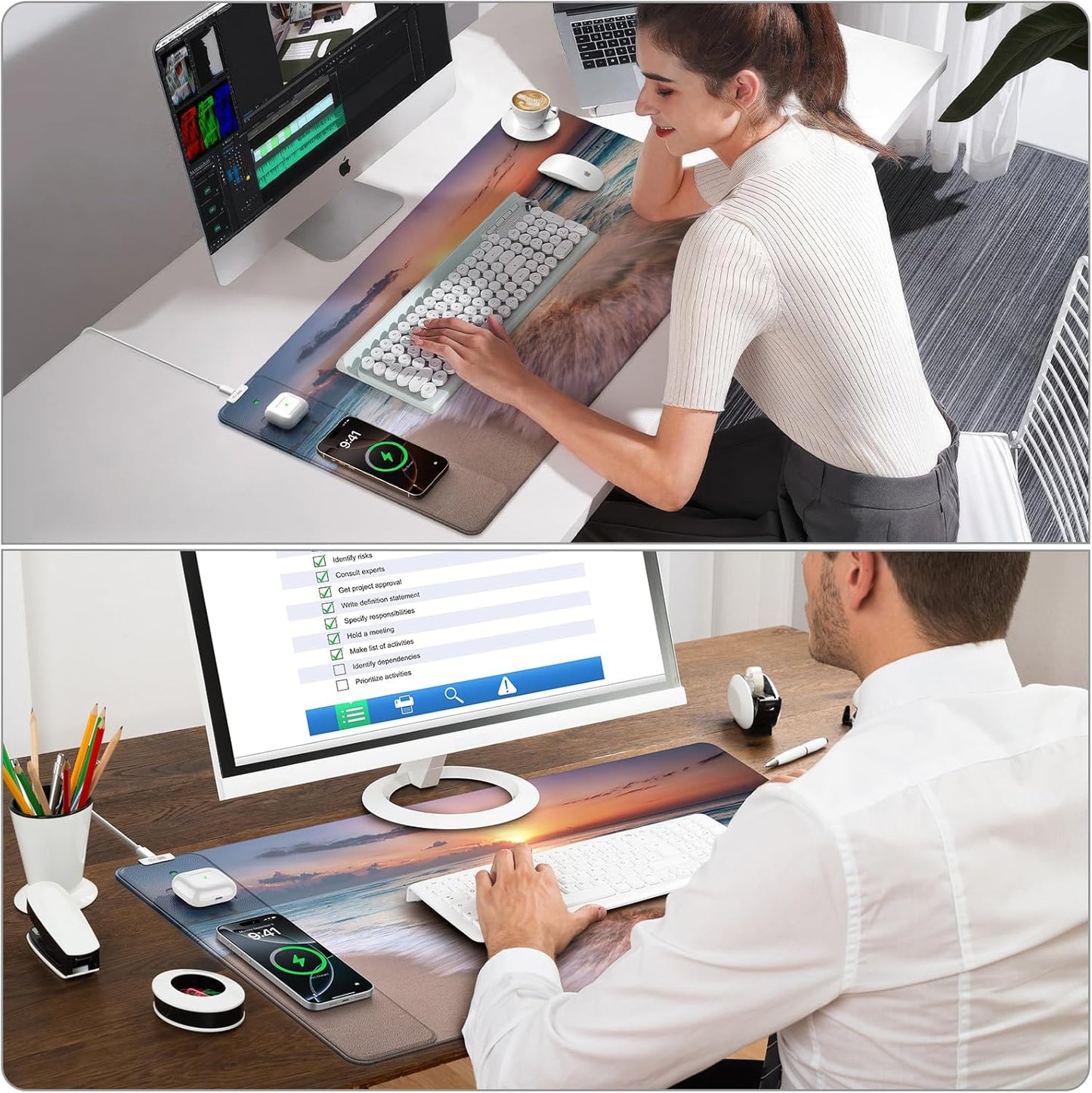 Wireless Charging Mouse Pad, 31.5"x15.8" Large Gaming Desk Mat for Keyboard/Laptop, Waterproof Ultra-Smooth Surface, Non-Slip Base, Beach Sunset
