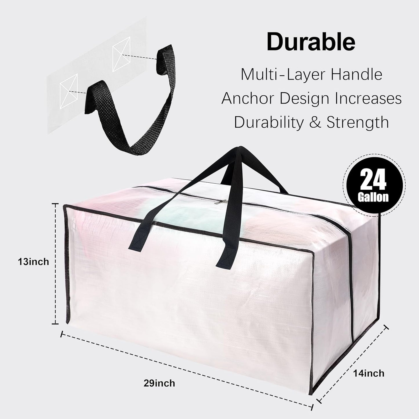 6 Pack Heavy Duty Large Moving Bags W/Backpack Straps - Strong Handles & Zippers, Storage Totes For Space Saving, Fold Flat, Alternative to Moving Box and Storage Bin, Semi-Transparent