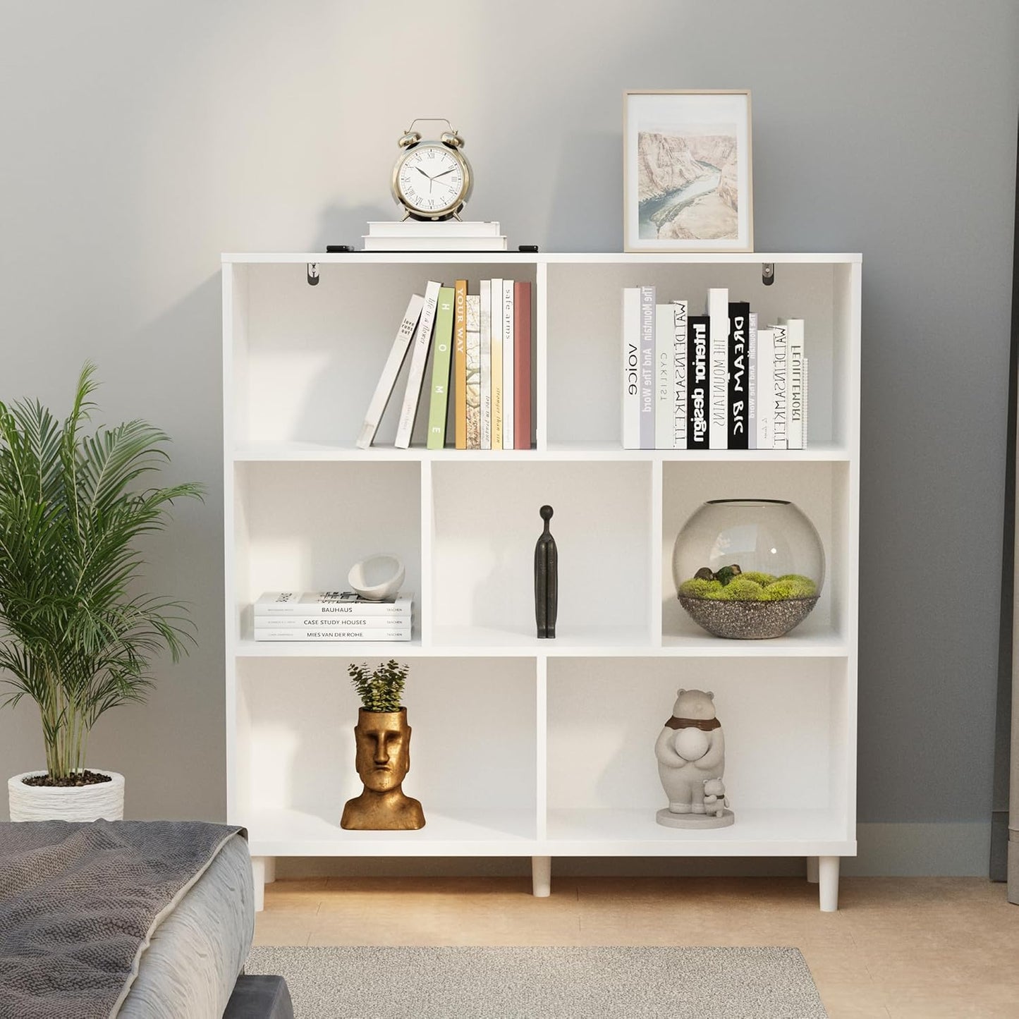 Wood Cube Storage Organizer White Bookshelf - 3-Tier Freestanding Storage Cabinet with Legs for Home Office, 7-Cubes Open Shelf