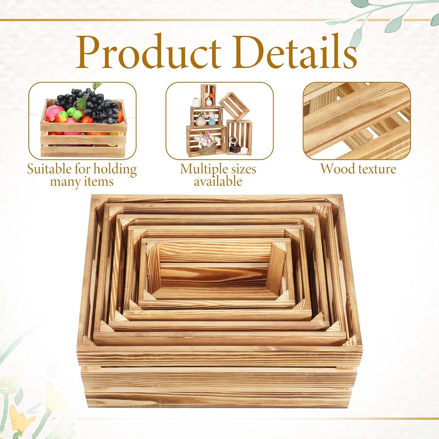 5 Pcs Decorative Nesting Wooden Crates for Storage Display Rustic, Large Torched Wood Storage Crates, Large Farmhouse Wooden Basket with Handle for Storages Container and Decorations, 5 Size