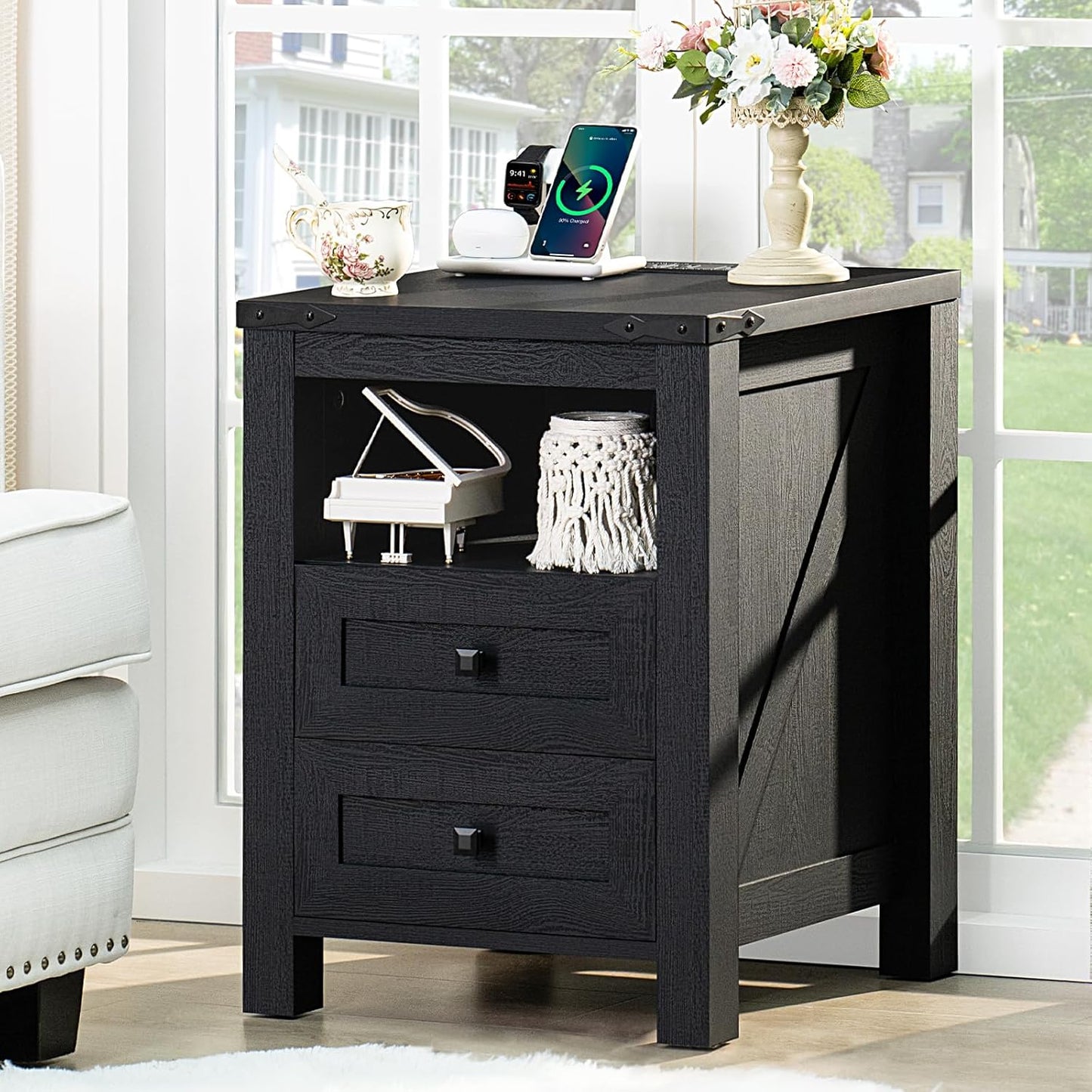 Nightstand with Charging Station, Farmhouse Night Stand with 2 Drawers and Shelf Storage, Wooden Side End Table, Bedside Cabinet for Bedroom, Living Room, Closet, Office (Black)