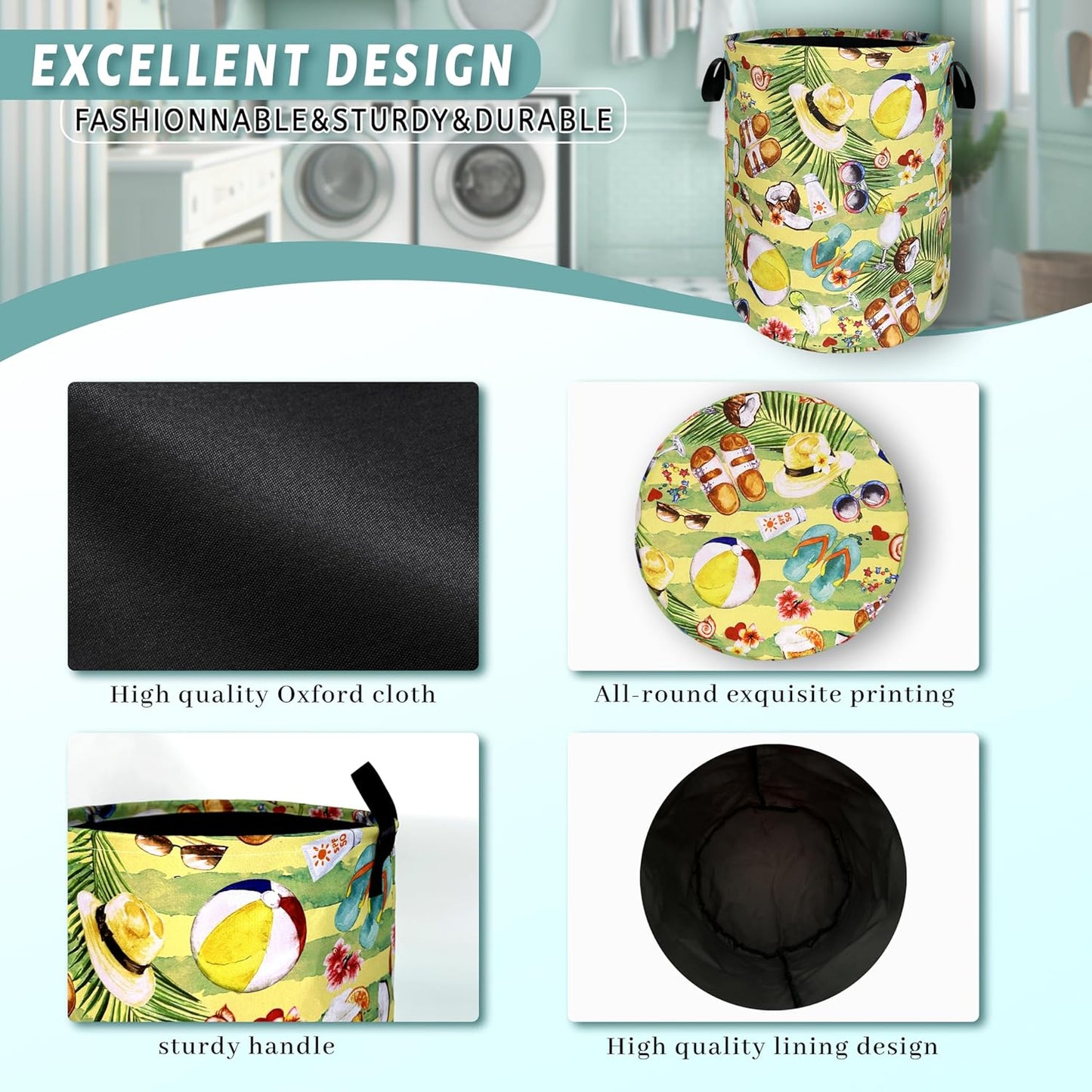 Happy Summer Time Laundry Hamper With Handles Foldable Oxford Cloth Tote Bag Colorful Hawaii Beach Funny Laundry Basket Clothe Toy Storage Bucket 18.9"x16.5"For Bathroom/Laundry/Bedroom