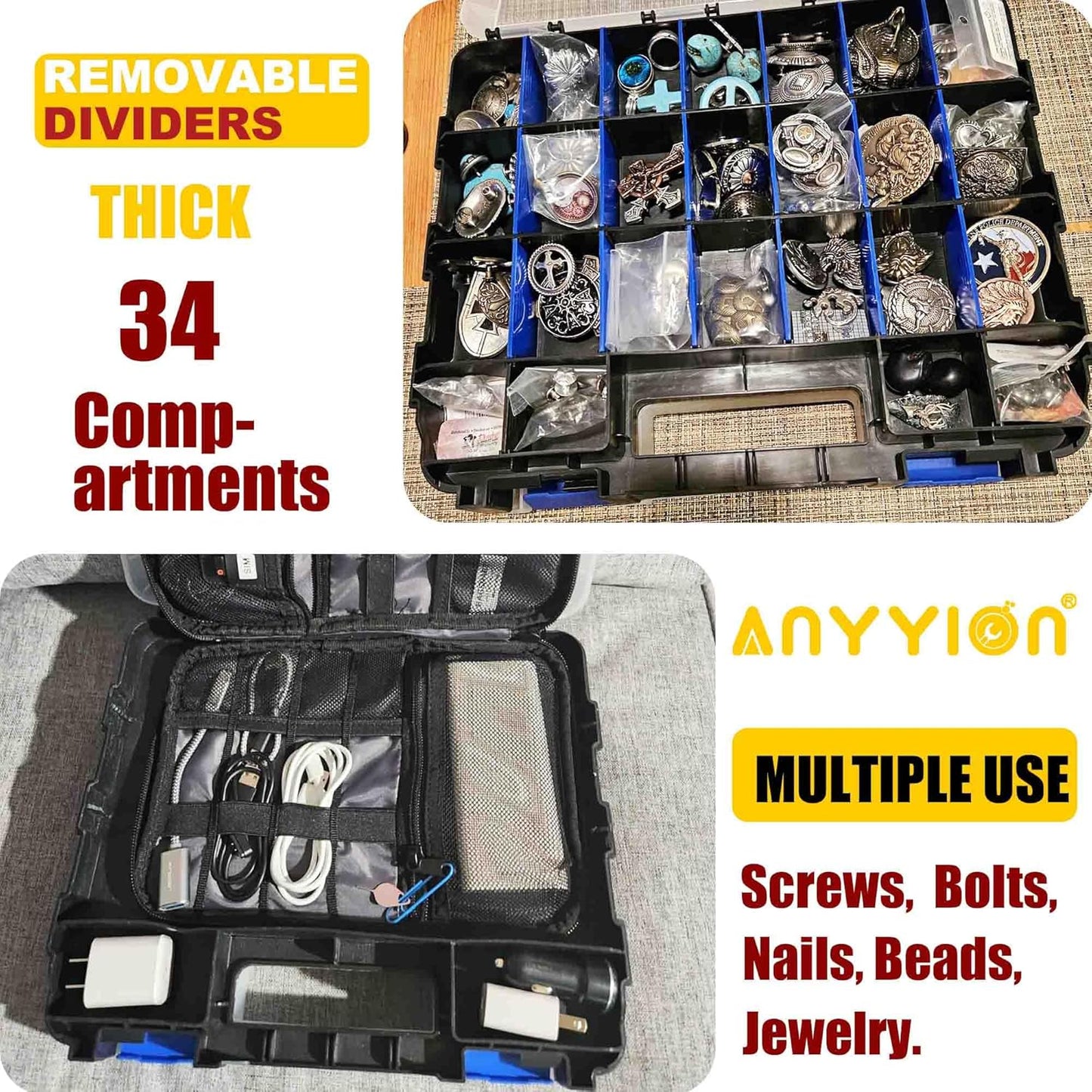 Anyyion Small Parts Organizer, 34-Compartments Double Side parts organizer with Removable Dividers for Hardware, Screws, Bolts, Nails, Beads, Jewelry. (1, Blue)