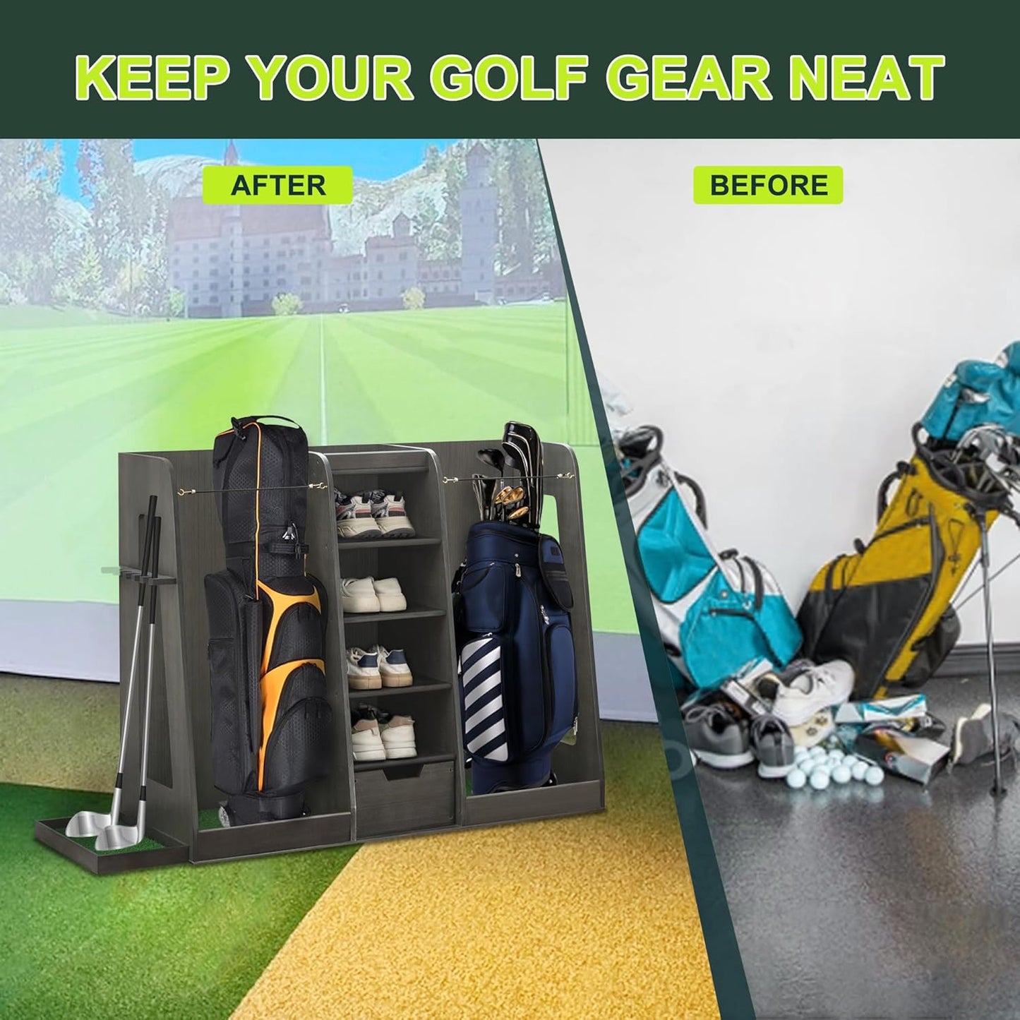 Golf Bag Organizer Storage Rack Large Wooden for 2 Bags, Golf Club Stand Holder with Drawer, Sports Equipment Rack for Garage, Practice Room, Home or Office