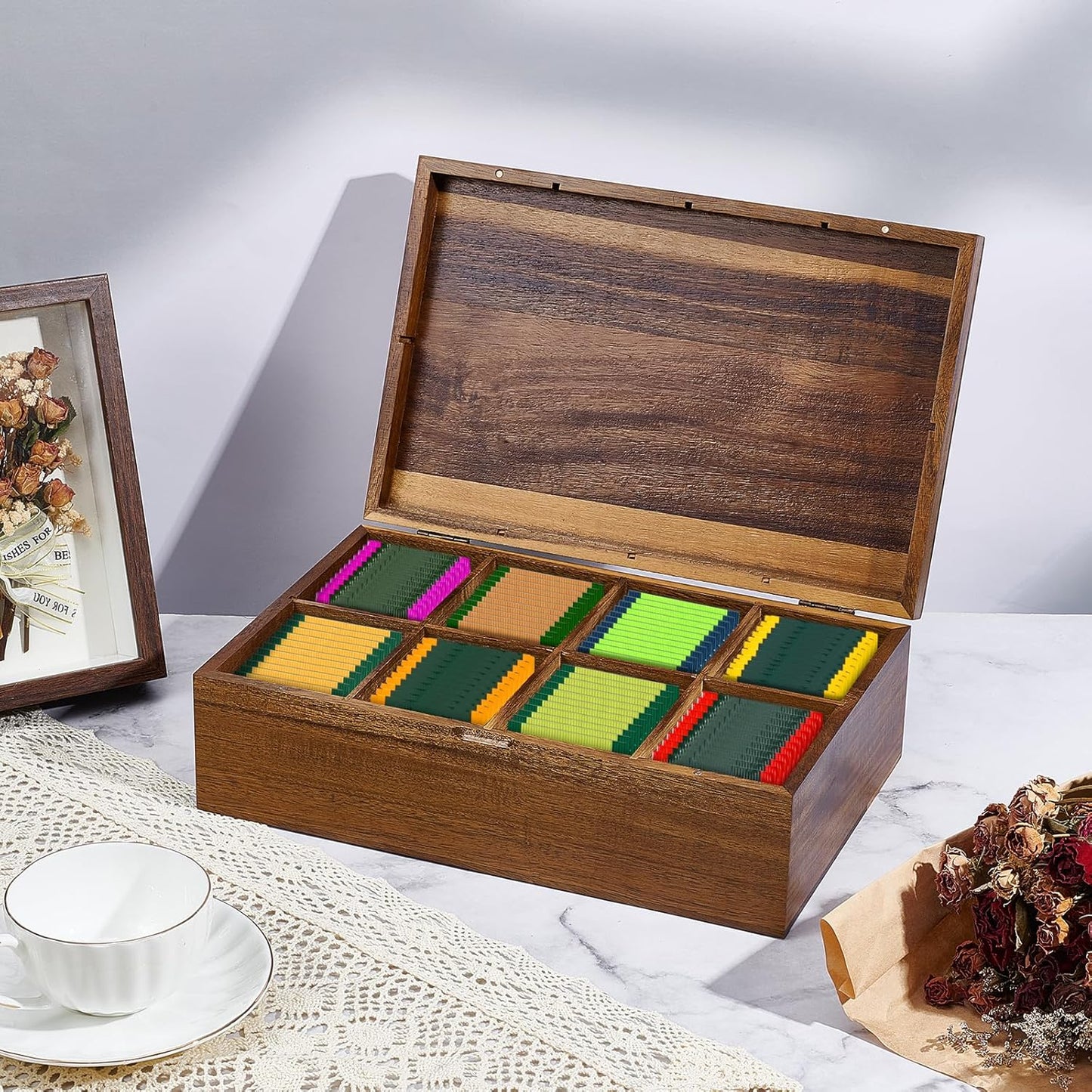 Acacia Wood Tea Bag Organizer Tea Storage Box Organizer Teabag Holder Container Tea Caddy for Tea Bags Chest 8 Compartments Divided Storage Container for Countertop Kitchen Cabinet Pantry
