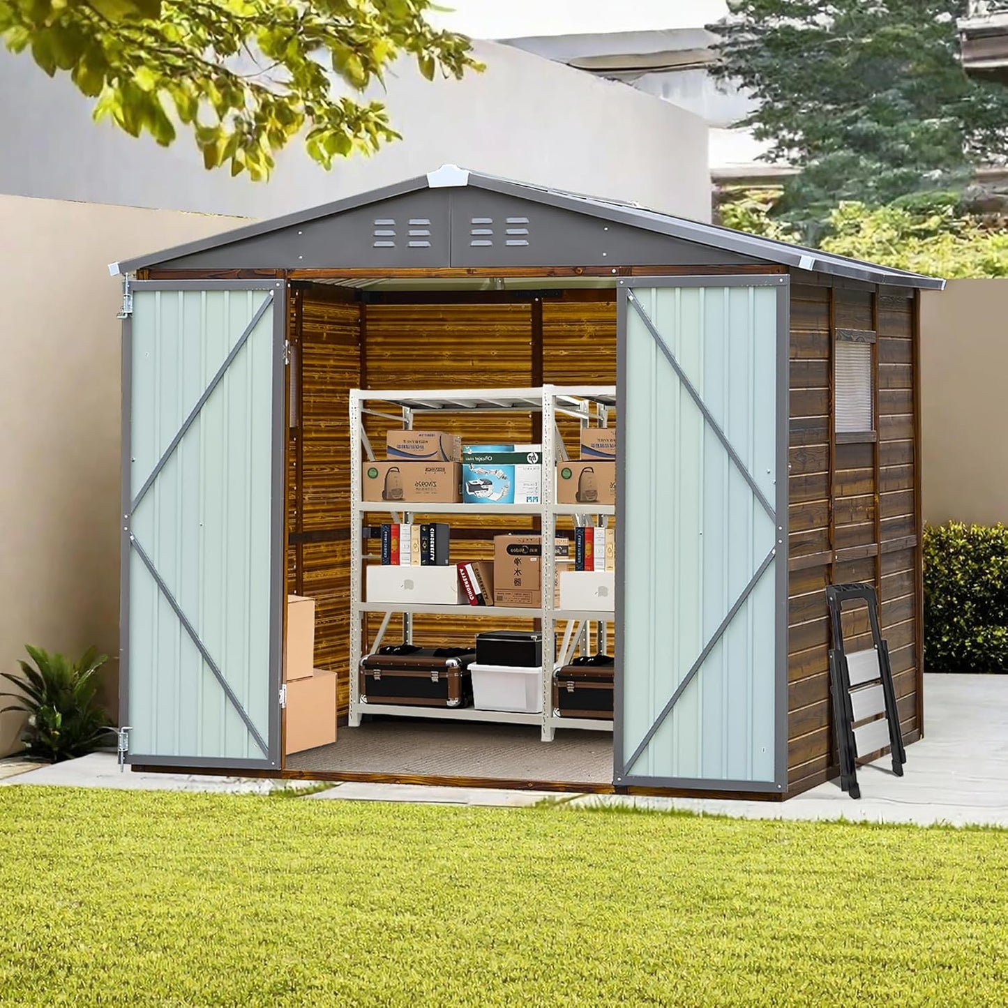 8x6 FT Outdoor Storage Shed, Wood Metal Utility Tool Shed Storage House with Door and Lock, Wooden Sheds Outdoor Storage for Garden,Patio,Lawn,Poolside