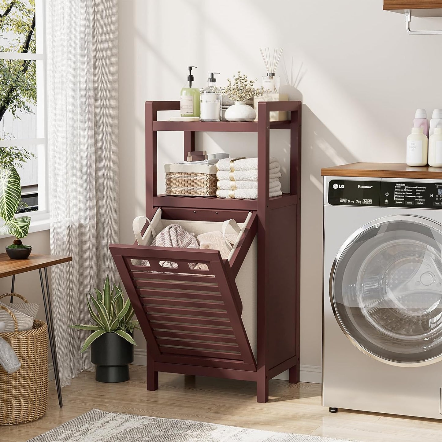 Homykic Tilt Out Laundry Hamper Cabinet, 10 Gal Bamboo Laundry Cabinet with Removable Basket, Hidden Hamper Organizer with Shelf for Dirty Clothes, Bathroom, Laundry Room, Space Saving, Espresso