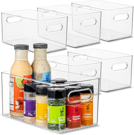primebox Plastic Food Storage 6 Pack Clear Container Bin with Handles for Organizing Kitchen, Pantry, Fridge, Freezer, Pantry,Bathroom. 10"x6"x5"