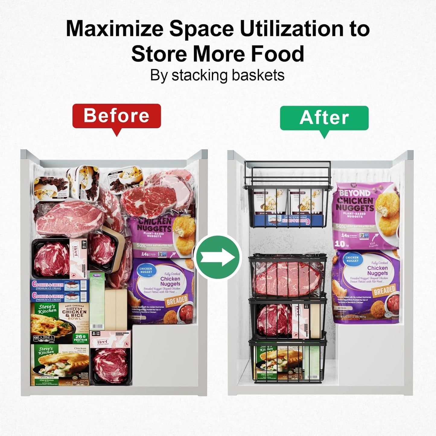 iSPECLE Freezer Organizer Bins - 17.5" Length Fit 5 Cu.FT Chest Freezer, 1 Expandable Hanging Bin & 3 Pack Stackable Deep Freezer Organizer, Sort and Get Frozen Food Easily with Handle, 4 Pack Black