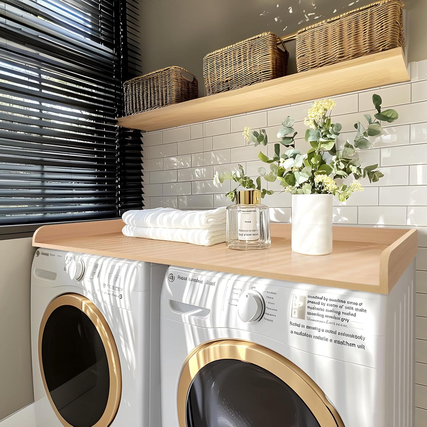Kaboon Washer Dryer Countertop, Melamine Countertop with Edge Rails - 27.5" Depth x 54" Width Laundry Room Organization, Light Walnut