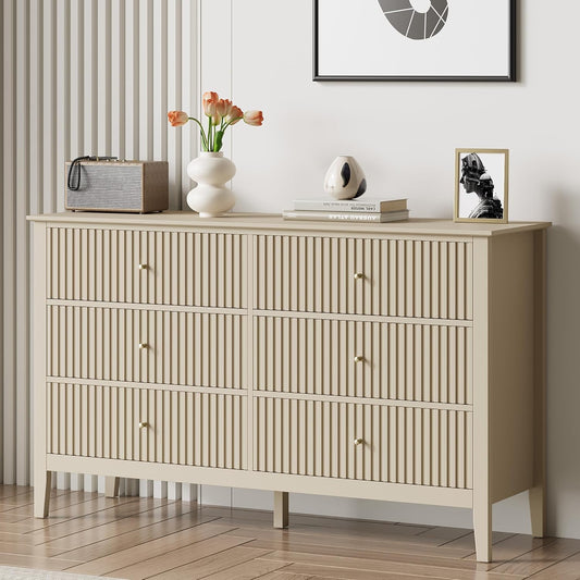 RoyalCraft Beige 6 Drawer Dresser, Fluted Modern Wood Chest of Drawers, Long Dresser for Bedroom TV Stand Storage Cabinet for Living Room