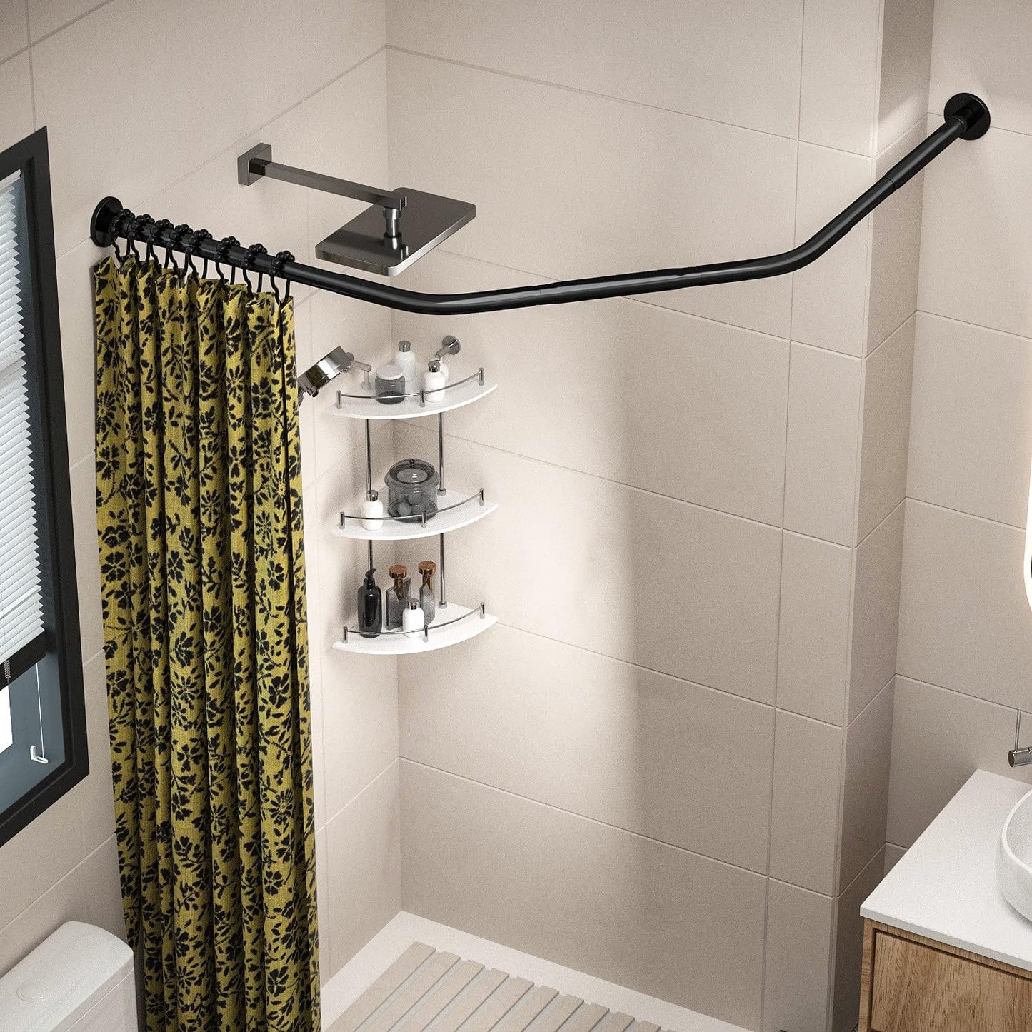 Corner Shower Curtain Rod Adjustable Stainless Steel Diamond Shaped Rack Drill Free Install for Bathroom, Bathtub, Clothing Store (Black Diamond Shaped, Both Sides: 17"-25.6",Middle:20"-26)
