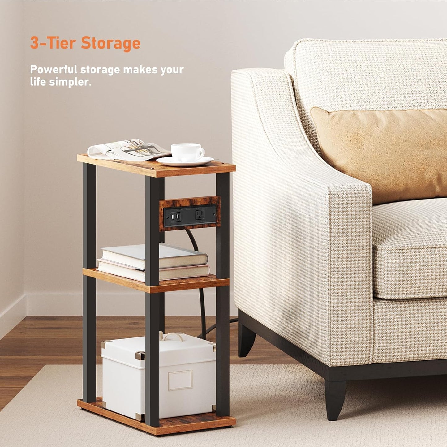 TUTOTAK Small Narrow Side Table with Charging Station, Set of 2 Skinny End Table for Small Spaces, Slim Nightstand with USB Ports and Outlet,Sofa Beside Table with Wheels, Brown TB01BB047