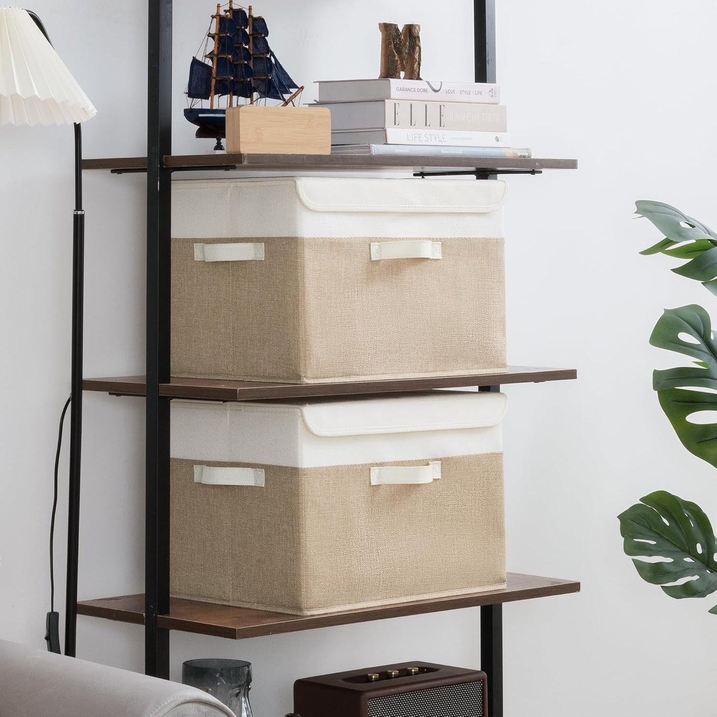GRANNY SAYS Storage Boxes with Lids, Decorative Storage Bins, Shelf Baskets, Clothes Storage and Organization, White/Khaki, 2-Pack