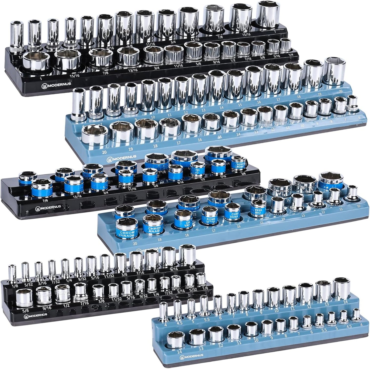 Magnetic Socket Organizer - 6-Piece Tool Storage for SAE & Metric Drive Sockets - Clear Size Markings, Deep Slots, Powerful Magnet - Holds 143 Pieces - (Sockets Not Included)
