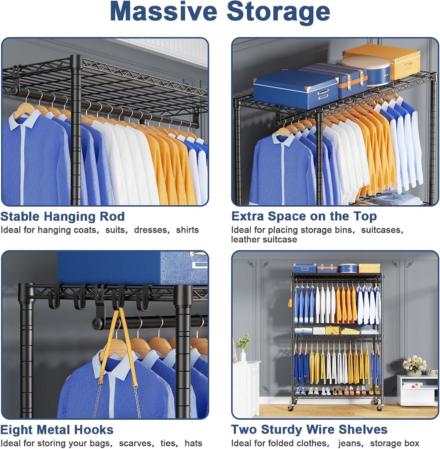 P8 Heavy Duty Clothes Rack（With Extended Width Design） Rolling Clothing Racks for Hanging Clothes，Portable Garment Rack with Lockable Wheels，51.2" W x 15.8" D x 80.5" H，Max Load 700LBS，Black