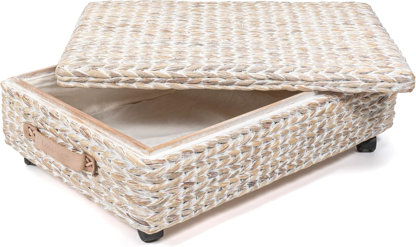 happimess BSK1006C 26.38" Chett Minimalist Hand-Woven Hyacinth/Wood Underbed Storage Bin with Wheels and Handles for Storage and Decoration in Bathroom, Bedroom, Closet,Entryway,Guest Room, White Wash