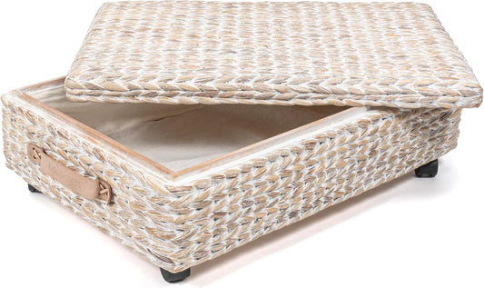 happimess BSK1006C 26.38" Chett Minimalist Hand-Woven Hyacinth/Wood Underbed Storage Bin with Wheels and Handles for Storage and Decoration in Bathroom, Bedroom, Closet,Entryway,Guest Room, White Wash