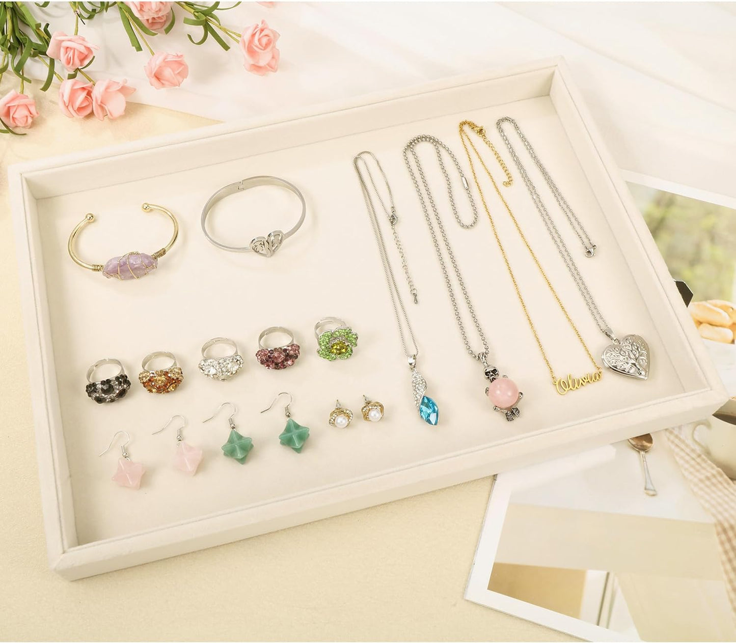 Mornajina 13.8" x 9.5" Velvet Jewelry Tray Jewelry Display Tray, Stackable Empty Plate Trays for Earrings Necklaces Bracelet Rings Display Showcase - Light Khaki