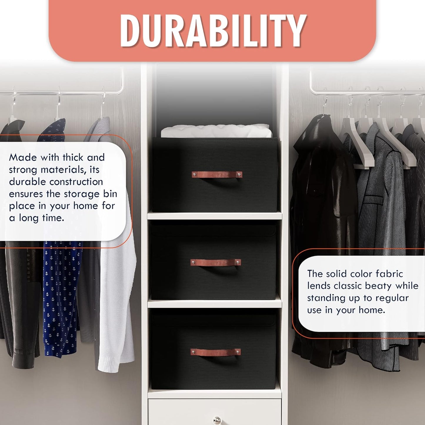 Ornavo Home 3 Pack Collapsible Storage Bins with Lid, Foldable Linen Fabric Shelf Storage Basket Closet Organizer and Large Storage Box for Clothes with Leather Handles, 16.5 x 11.8 x 7.5, Black