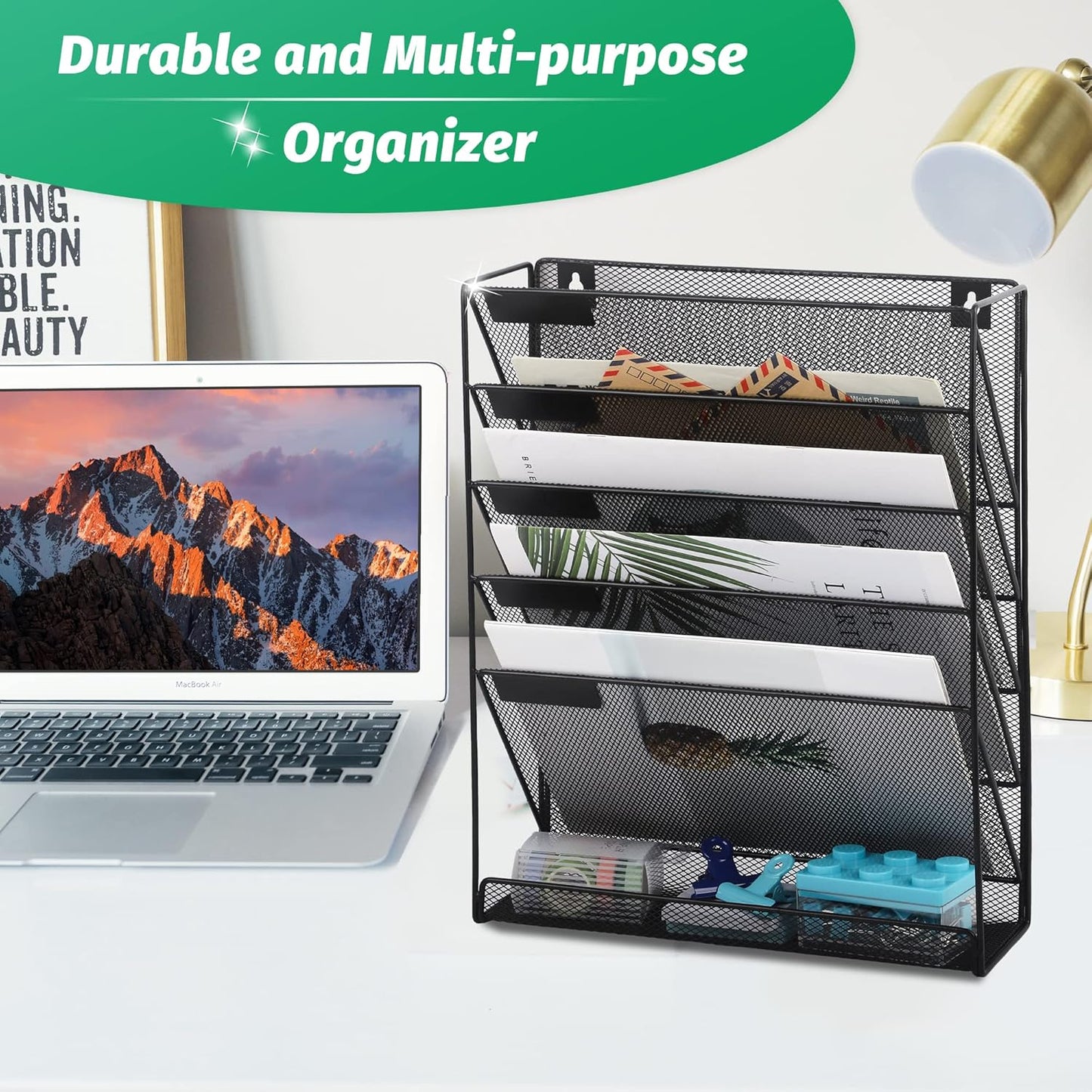 EASEPRES Desk File Organizer Mesh 6-Tier, Hanging Wall Mount Document Organization Stand, Desktop Vertical Mail Paper Folder Holder Rack with Bottom Tray for Office Home Cubicle Countertop, Black