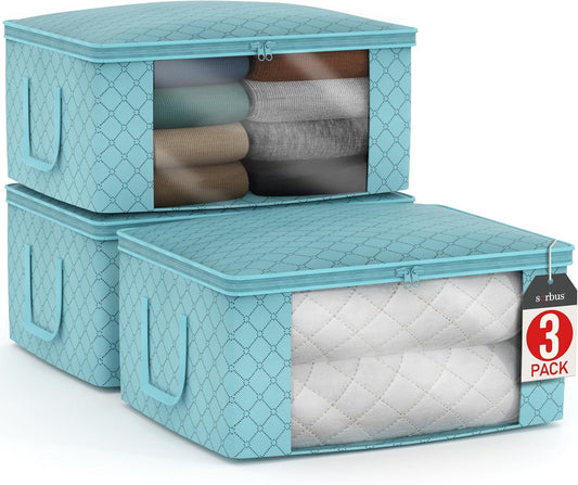 Sorbus Medium Clothes Storage Bags - Foldable Blanket Storage Bins for Organizing Bedroom, Closet, Clothing, Comforter, Organization with Clear Window, Lids and Carry Handles - Set of 3