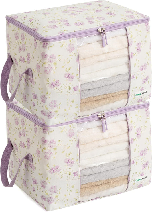 Designer Canvas Clothing Storage Bags 2 Pack Purple Floral Clothes Organizer bags for sweaters, clothing, garments, quilt, linens, large folding organizers with zip & window, moth proof space saver