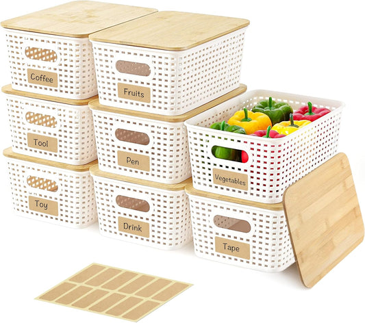 8 Pack Plastic Storage Bins with Bamboo Lids - Stackable Storage Baskets with Handle for Pantry Organizer and Storage, Plastic Containers Bins for Kitchen Bathroom Classroom Office Shelves