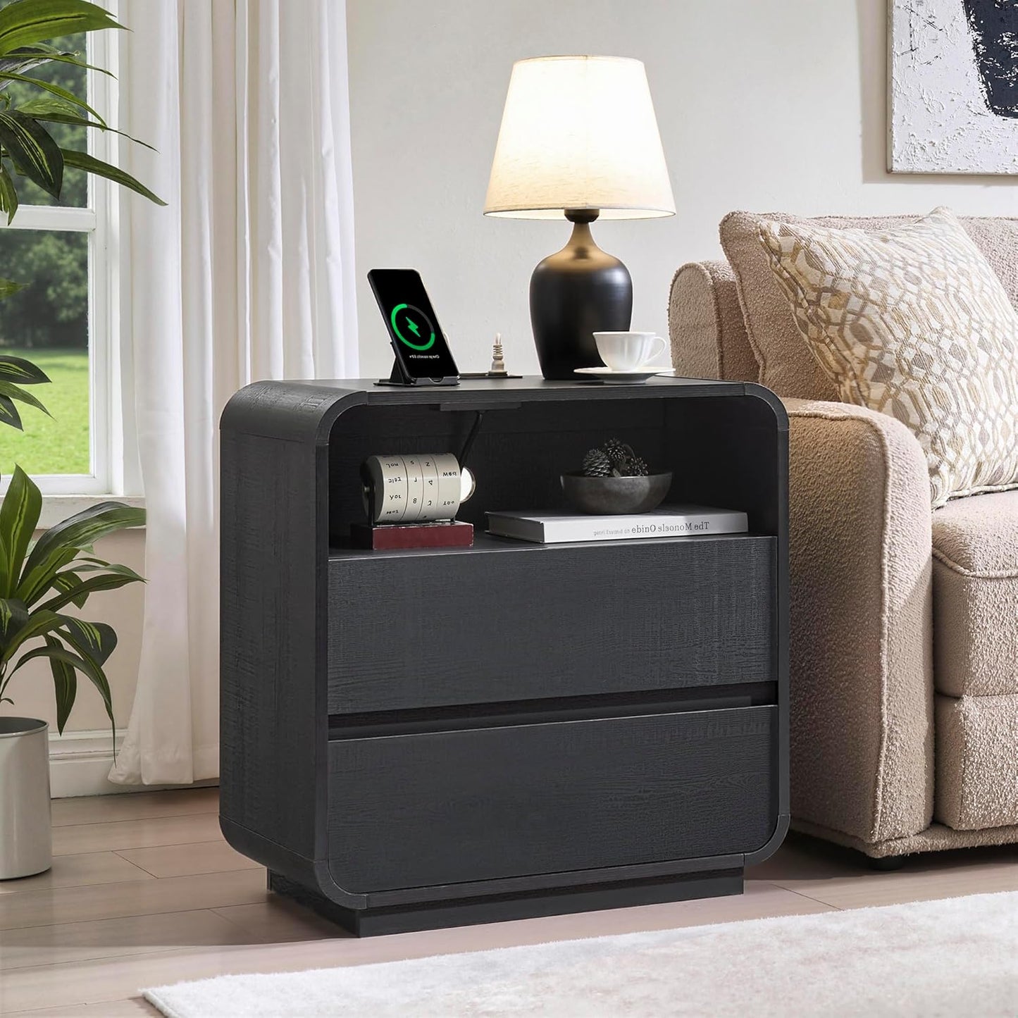 Black Nightstand Set of 2 with Charging Station, 25" Tall Wood Bedside Table, Modern Night Stand with 2 Storage Drawers, Curved Profile, Handleless, Modern End Table for Bedroom