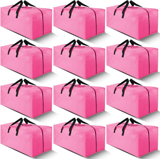 Cosy Family 12 Pack Heavy Duty Extra Large Moving Bags with Backpack Straps - Strong Handles & Zippers, Storage Totes For Space Saving, Fold Flat, Alternative to Moving Box, Pink
