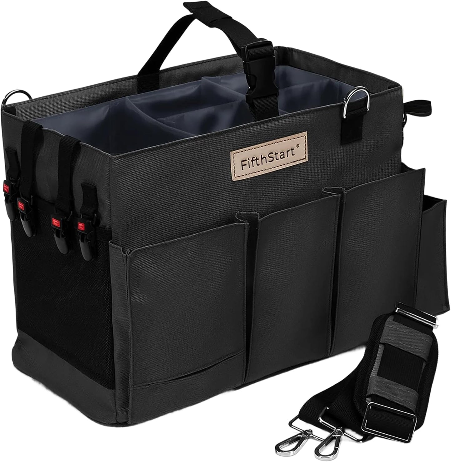 FifthStart Multiuse Cleaning Caddy with Waist & Shoulder Strap - Diaper Caddy & Beach Bag - 9 Pockets & Mesh Base - Adjustable Compartments (Black, Small) - Cleaning Supplies Organizer Bag