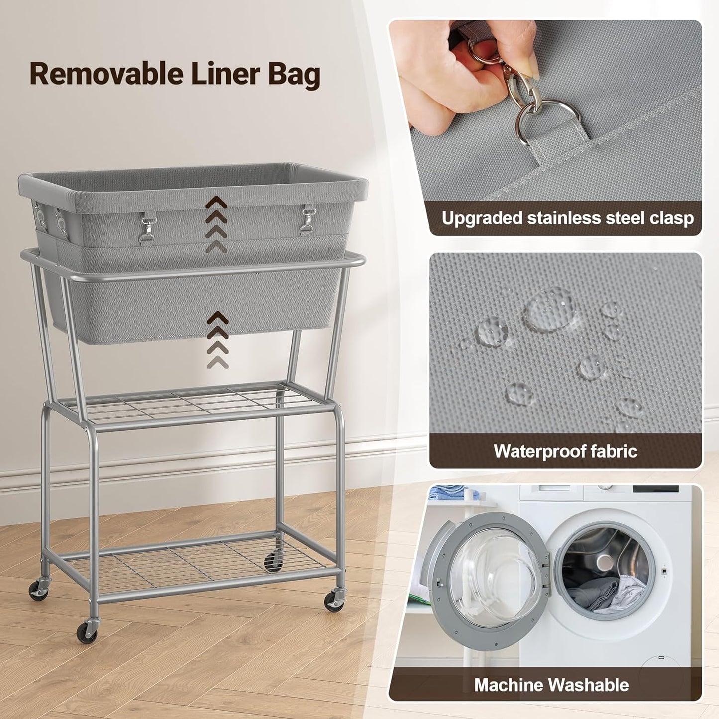ELYKEN Laundry Cart with Wheels, Rolling Laundry Hamper with Removable Bag and Shelf, Metal Frame Laundry Basket with 4 Casters and 2 Brakes, Ideal for Bedroom, Bathroom, Laundry Room, Gray