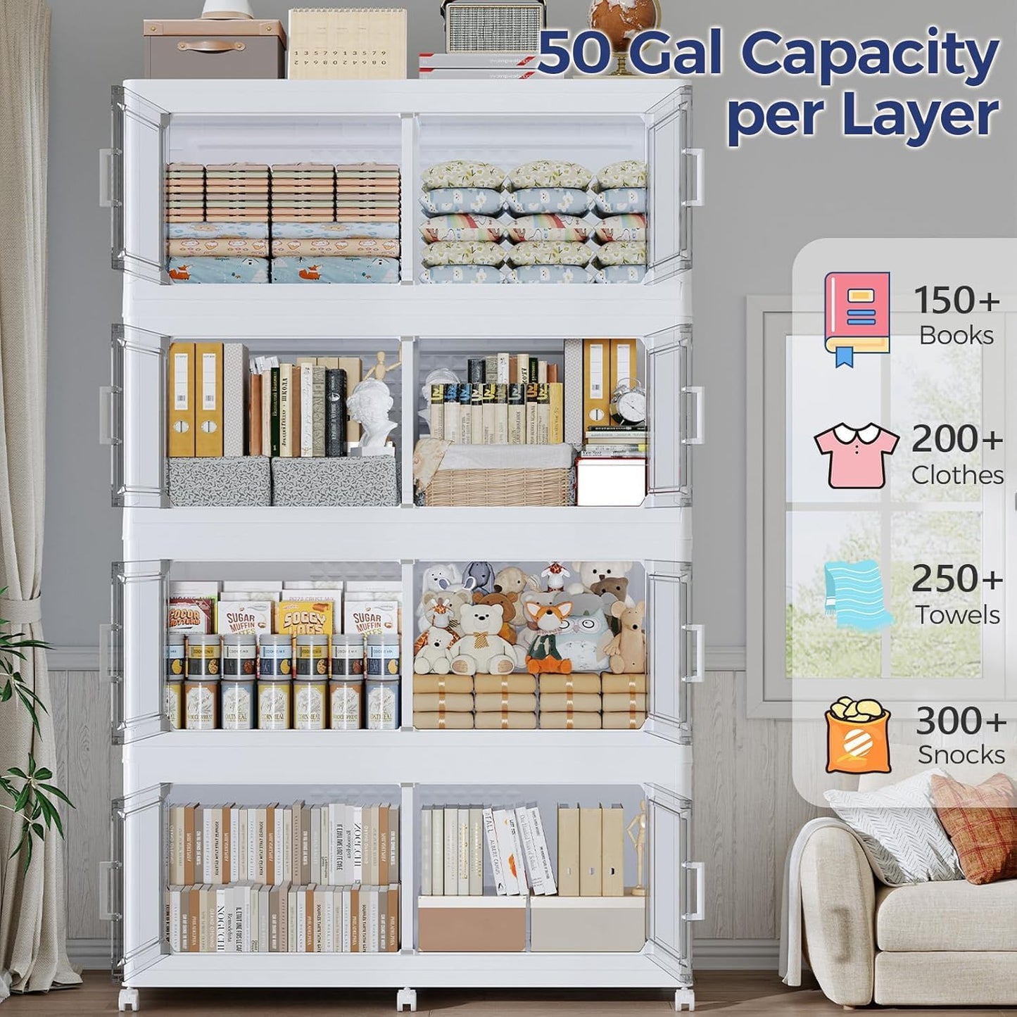 200Gal Stackable Storage Bins with Lid, 800Qt Extra Large Collapsible Storage Box with Wheels, Dividers, Folding Plastic Cabinet Closet Organizers for Home Kitchen Office Dorm, 4Pack White