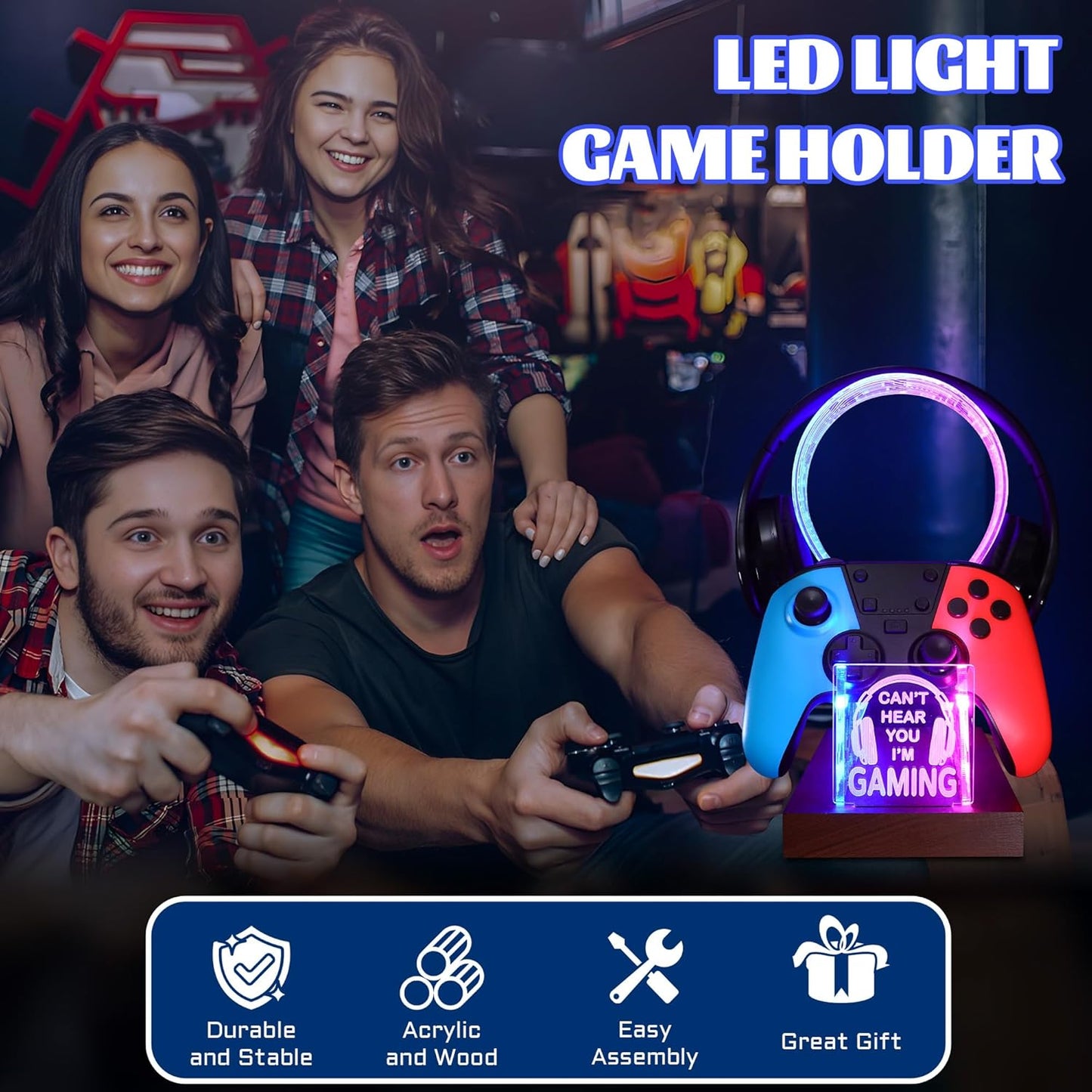 YuanDian Gamer Gifts for Teenage Boy, Can't Hear You I'm Gaming Headset and Controller Stand, Acrylic Wooden Controller Holder with Blue Pink LED Night Light, Desk Decor Gift