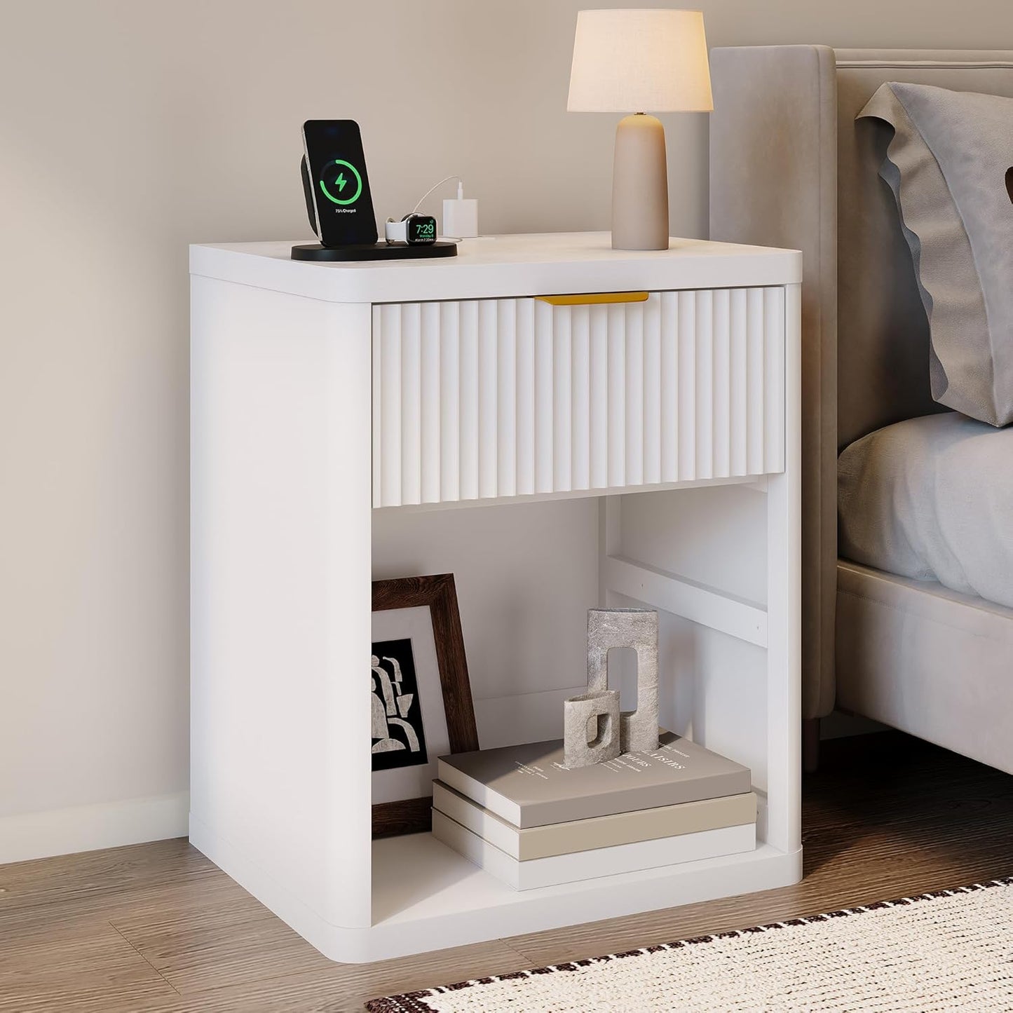 Fluted Nightstand with Charging Station, Bedside Table with Drawers and Open Storage Space, Metal Handles and Rounded Corners for Safety, Mid Century Modern End Table, for Bedroom, Living Room Sofa