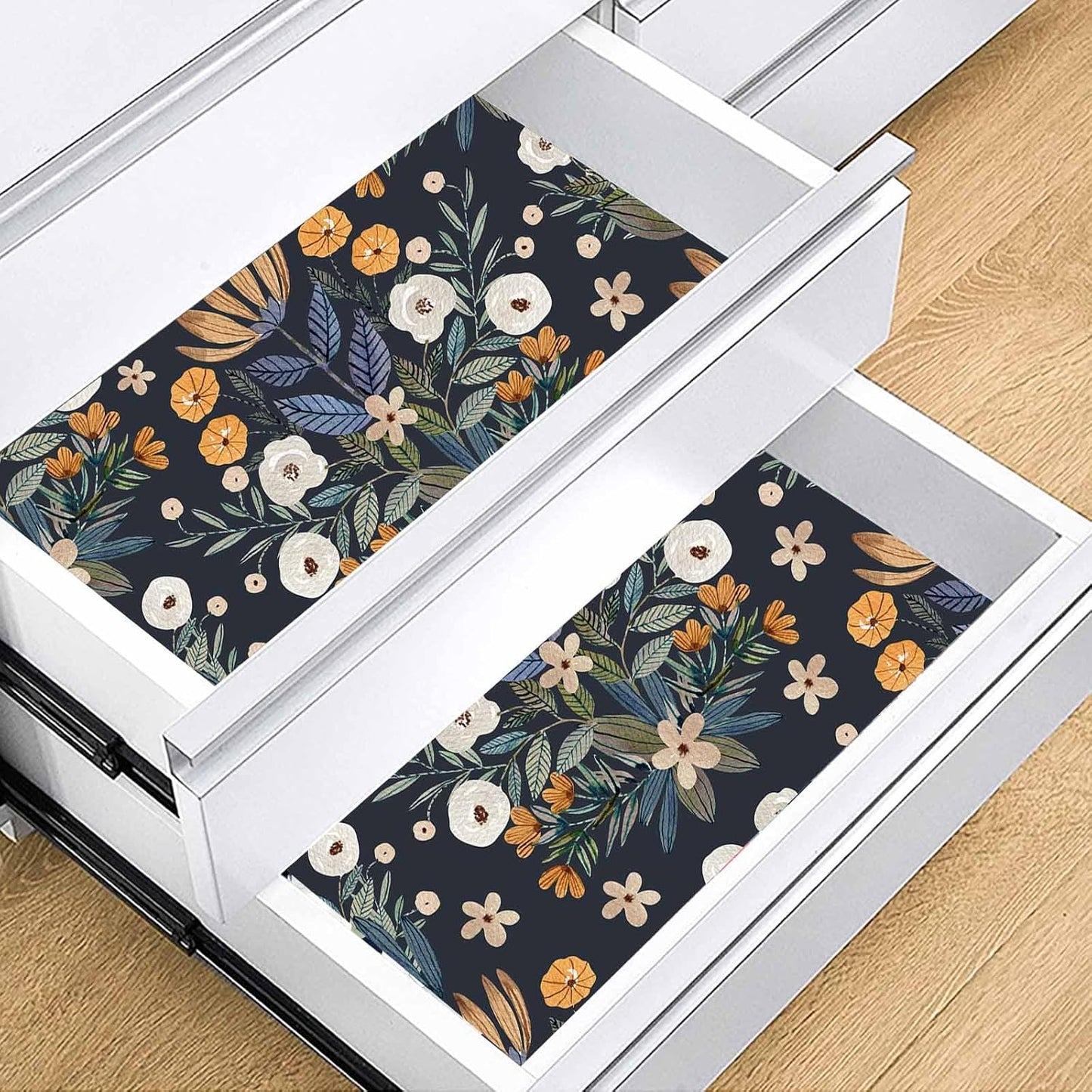 HAOKHOME Shelf Liner and Cabinet Liner Floral, Self-Adhesive Drawer Liners, Peel and Stick Contact Paper for Kitchen Cabinets and Cupboard,Bedroom Drawers, Black/White/Orange 17.3in x 6.5ft