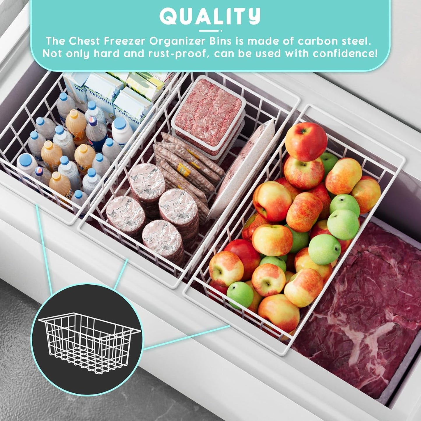 2Packs 17.5 inch Chest Freezer Organizer, Refrigerator Organizer Bins, Freezer Baskets with Handles, Metal Wire Baskets for Snacks, fruits, Potatoes, Meat