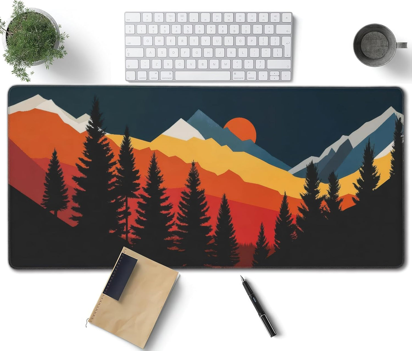 Colorful Mountain Forest Large Mouse Pad, Vintage Aesthetic Gaming Desk Mat, XXL Keyboard Desk Pad Mat for Desktop, 35.4"x15.7" Non-Slip Base Big Mousepad with Stitched Edges