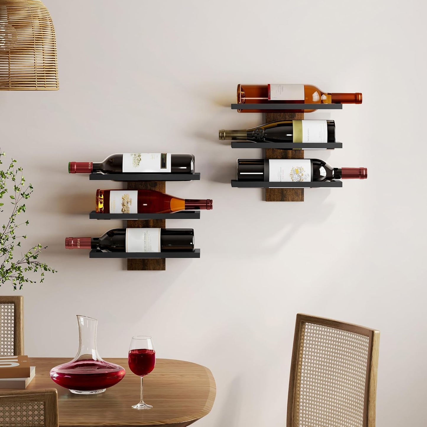 Hoctieon 3-Tier Wall Mount Wine Rack Set (6 Bottles), Wall Mounted Wine Bottle Racks for Display and Storage, Hanging Bottle Holder, for Living Room, Dining Room, Bar, Wine Cellar, Rustic Brown