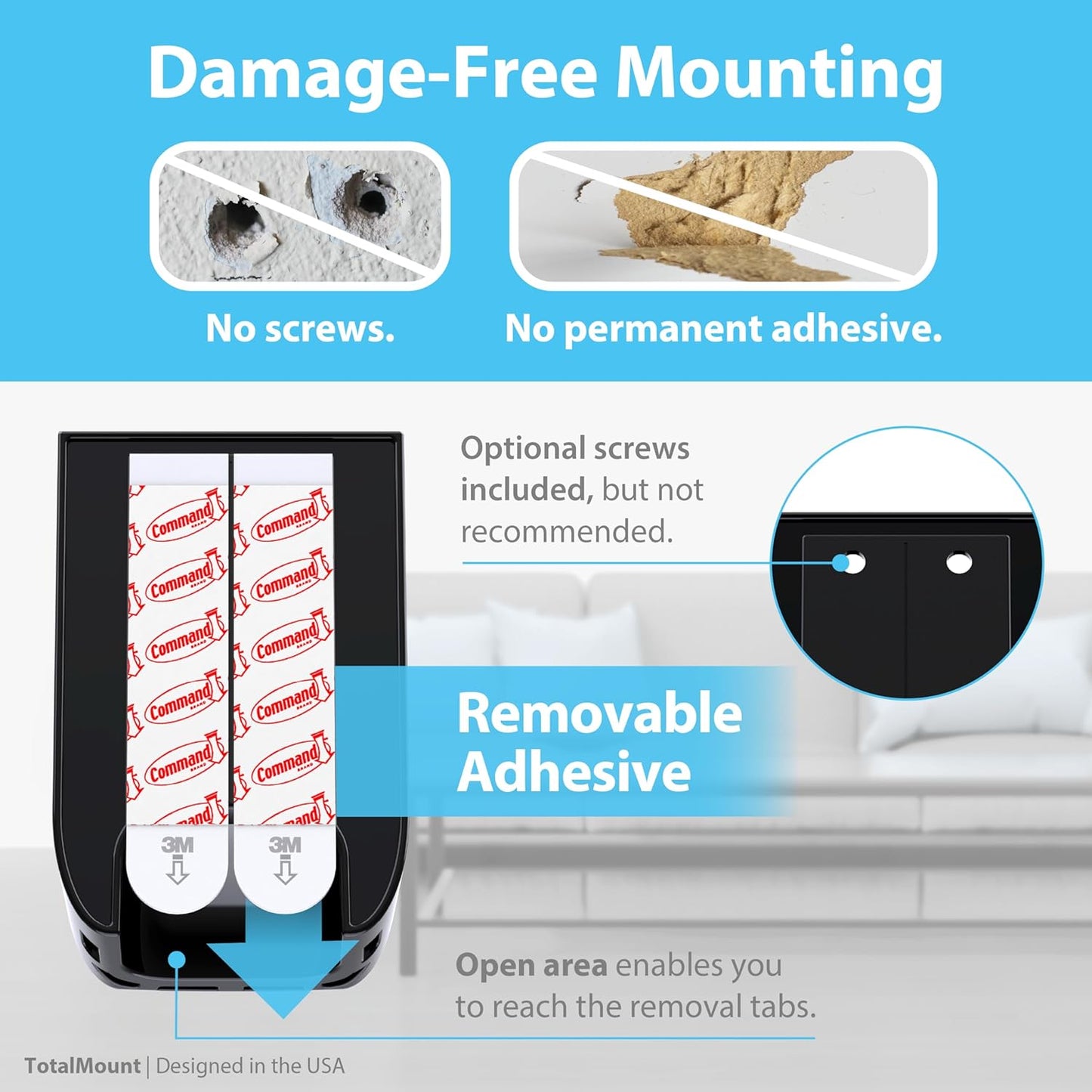 TotalMount Hole-Free Remote Control Holder – Eliminates Need to Drill Holes in Your Wall (Black, Quantity 1)