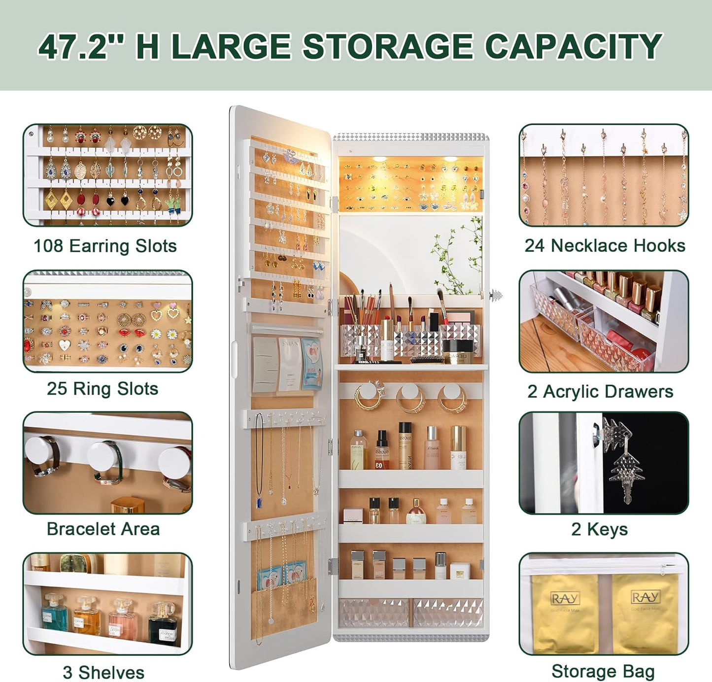 HNEBC LED Mirror Jewelry Cabinet with RGB Lights,47.2" Wall Mounted Jewelry Organizer with Full-Length Mirror,Over The Door Hanging Jewelry Armoire Storage Cabinet,Folding Dresser,2 Drawers,Lockable