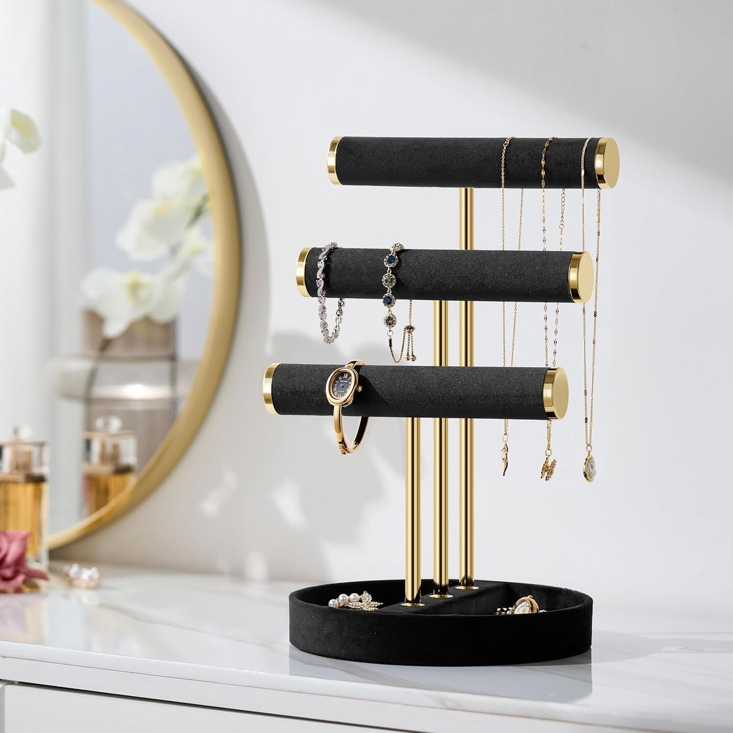 Bracelet Holder Jewelry Organizer Display - 3 Tier T Bar Velvet Stand, Black Necklace Holder Organizer, Bracelet Holder, Earring Holder and Ring Display for Jewelry Organizers and Storage